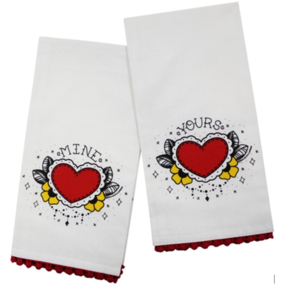 SET of 4 Yours Mine Tea Towels Romantic Retro Vintage Home Decor Kitchen Tattoo